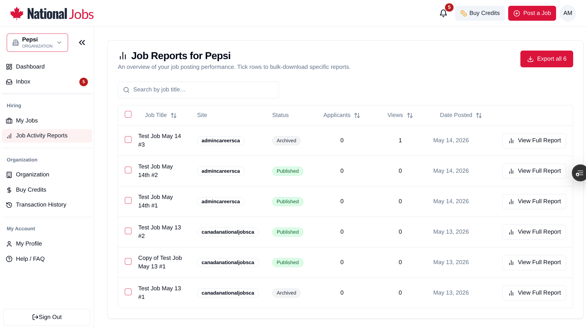 The Job Reports list page showing every posted job with status, applicants, views, and date posted