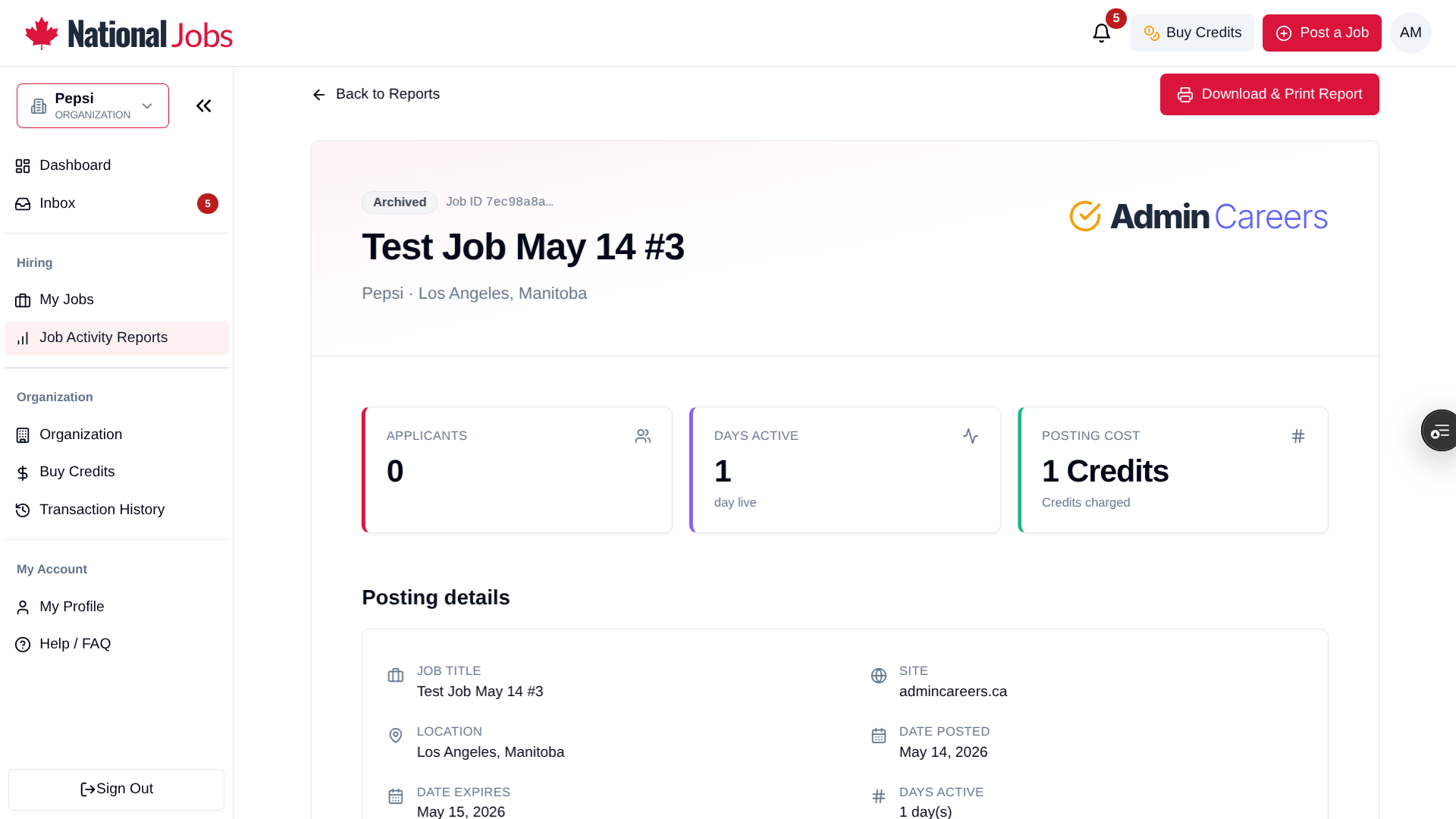 A single Job Activity Report with applicants, days active, posting cost stats and the Download and Print Report button