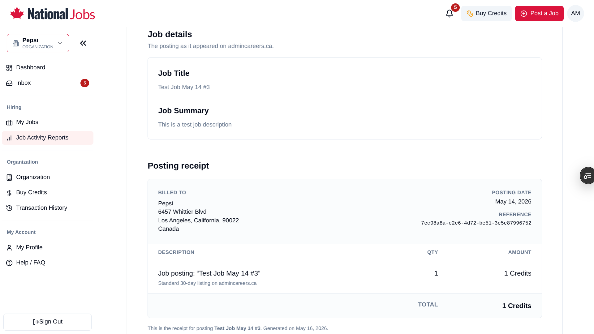 Job posting details and itemised posting receipt billed to the client organization